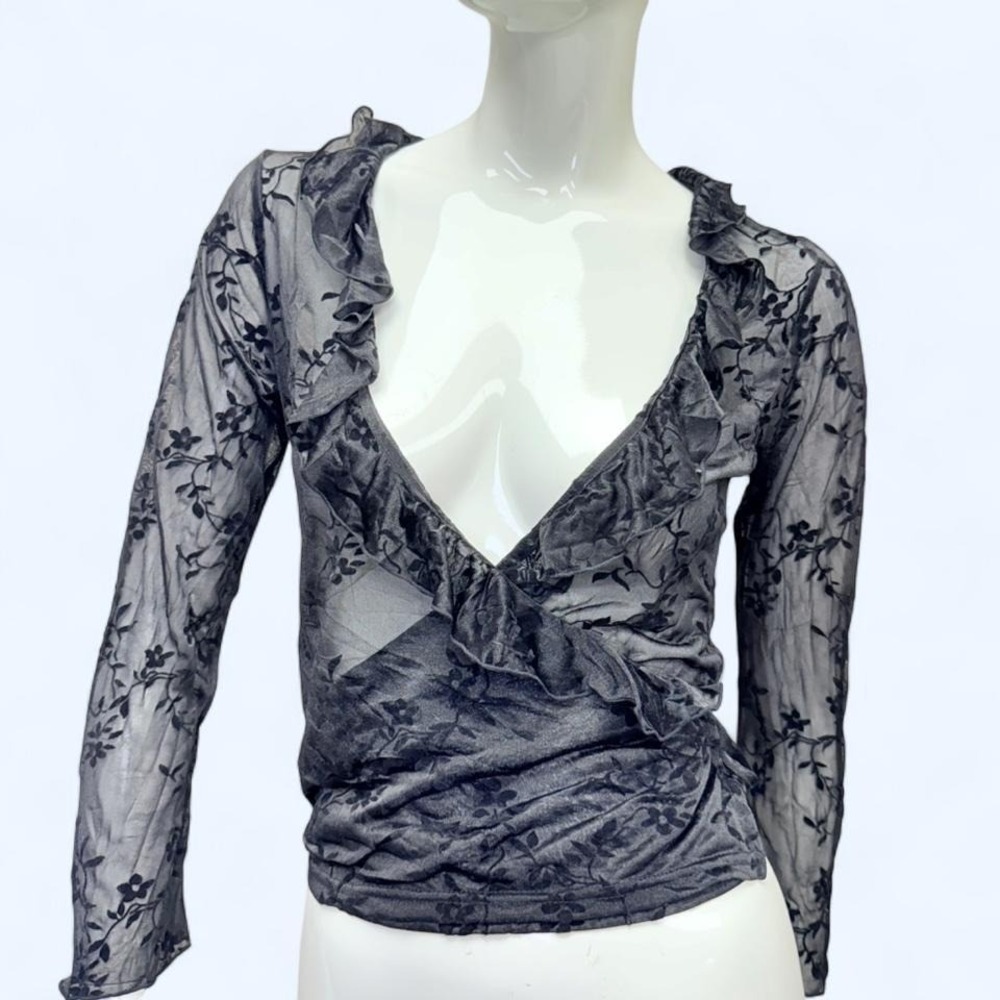Marlene Jobert Sheer Floral Burnout Wrap Top Bell Sleeve Gothic Womens S - Picture 3 of 8